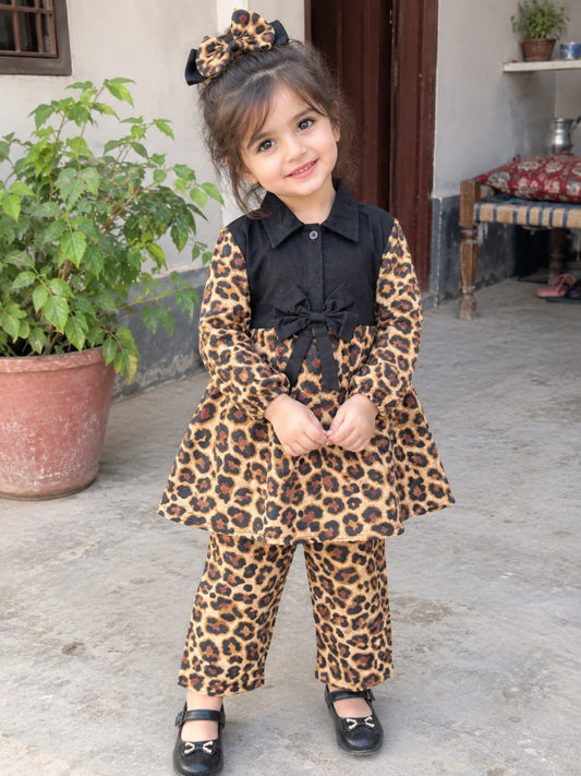 Full Bazoo Frock with Band & Black Cheeta Trouser in Winter Cotton